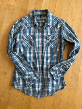United Colors Of Benetton Women’s Blue Plaid Long-Sleeve Snap Button-Up Shirt